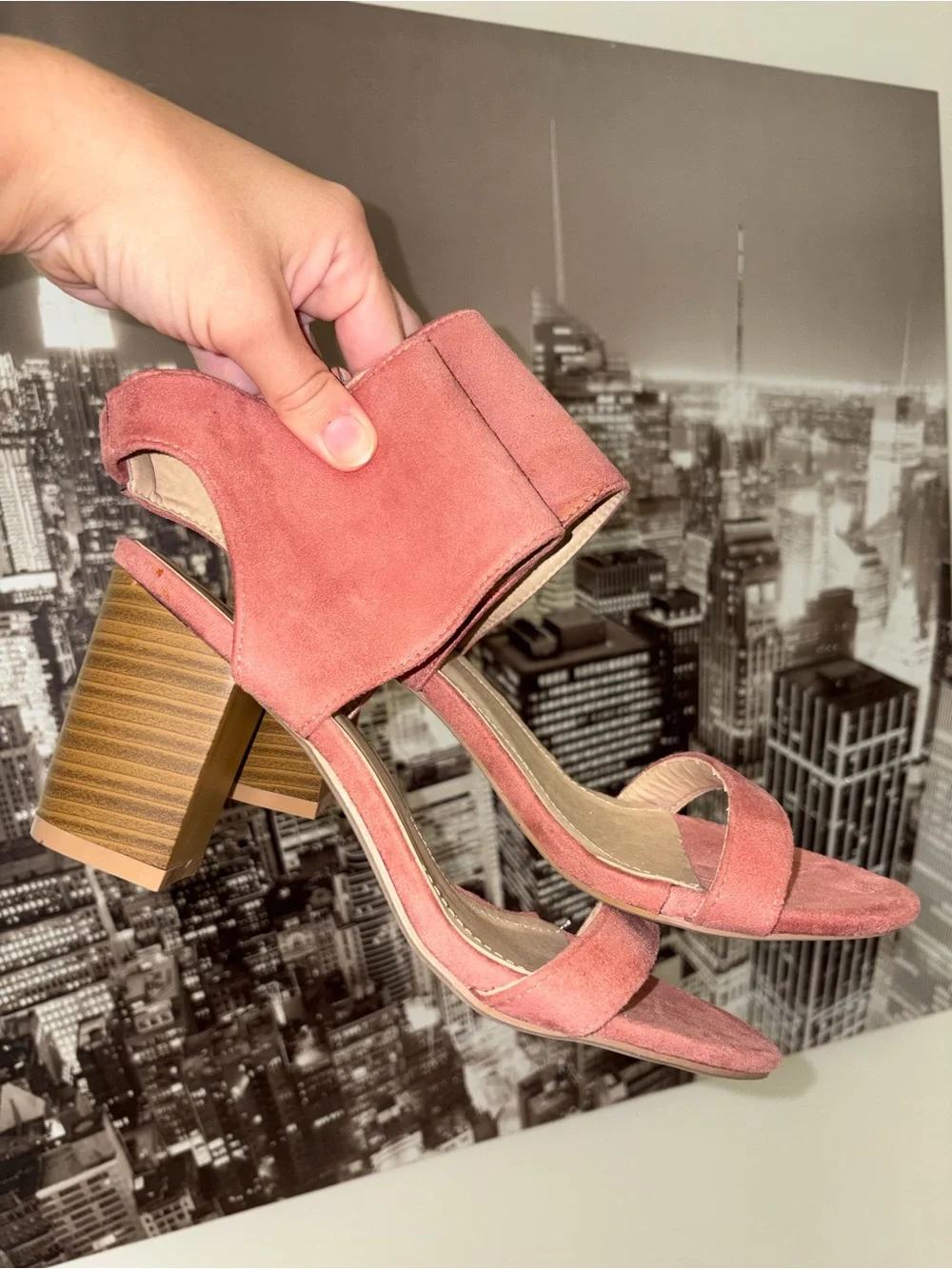 Suede Pink Block Heel Sandals with Ankle Strap